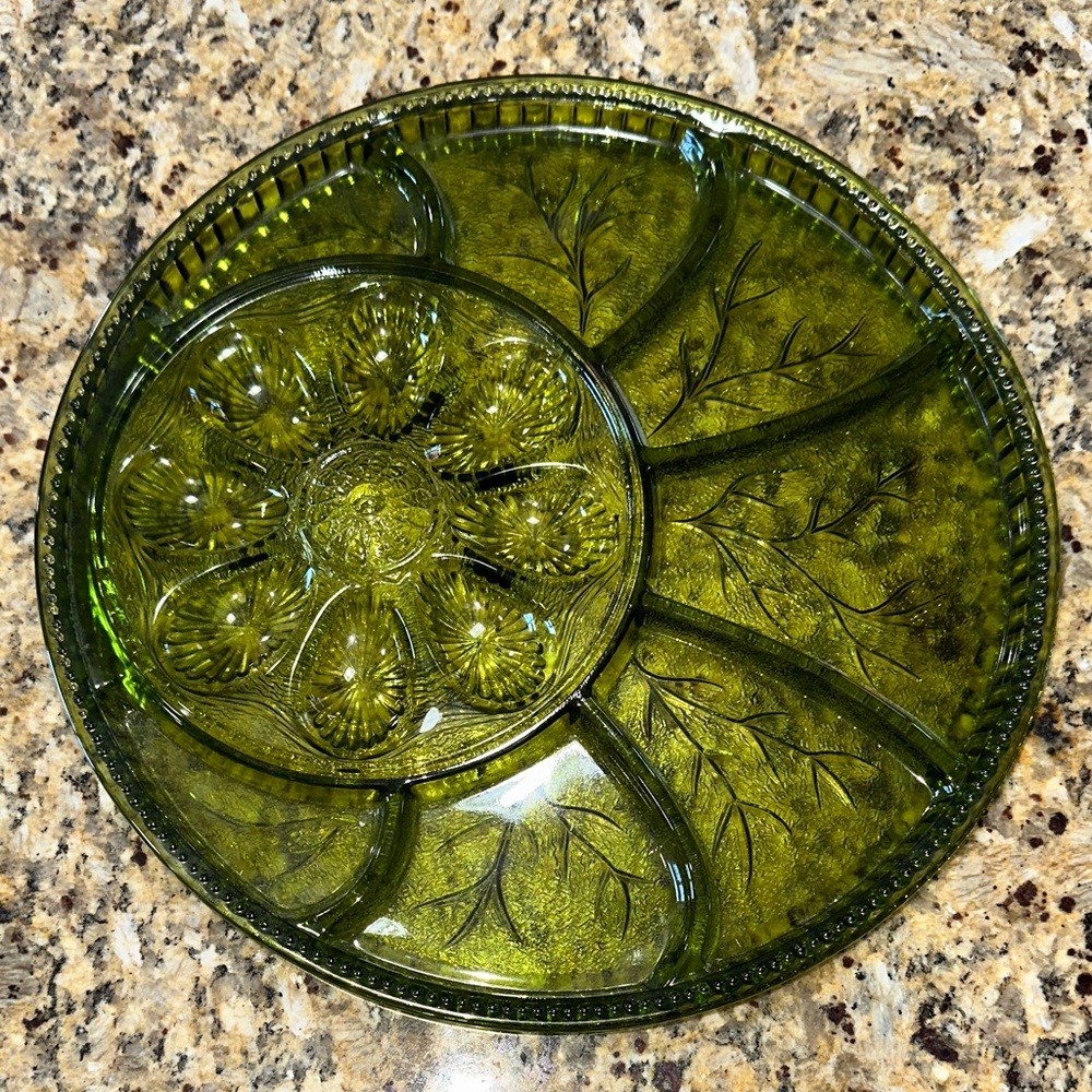 Vintage heavy Green Glass Divided Serving Platter